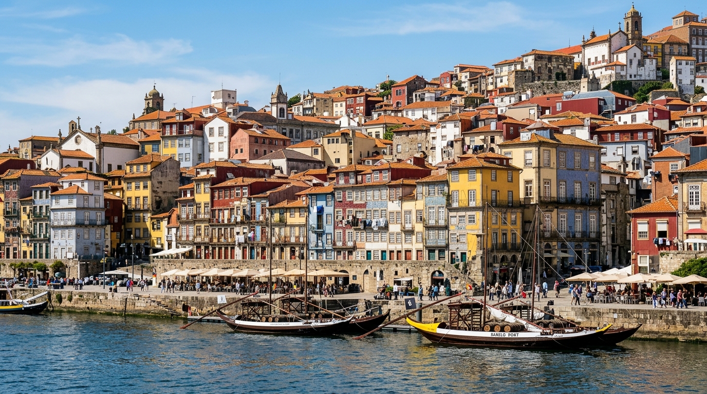 Colourful historic houses along the Ribeira waterfront in Porto.